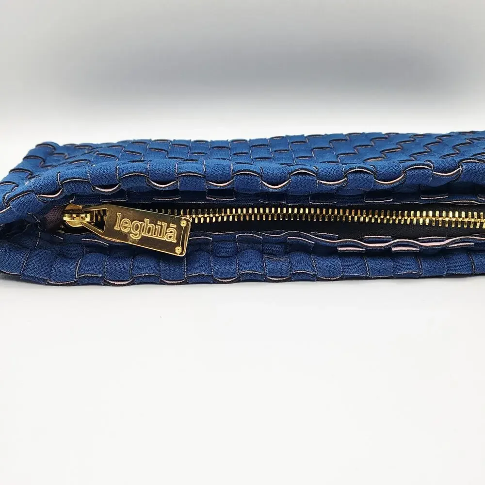 Leghila Blue Woven Neoprene Clutch Handbag Purse Multicompartment Made in Italy